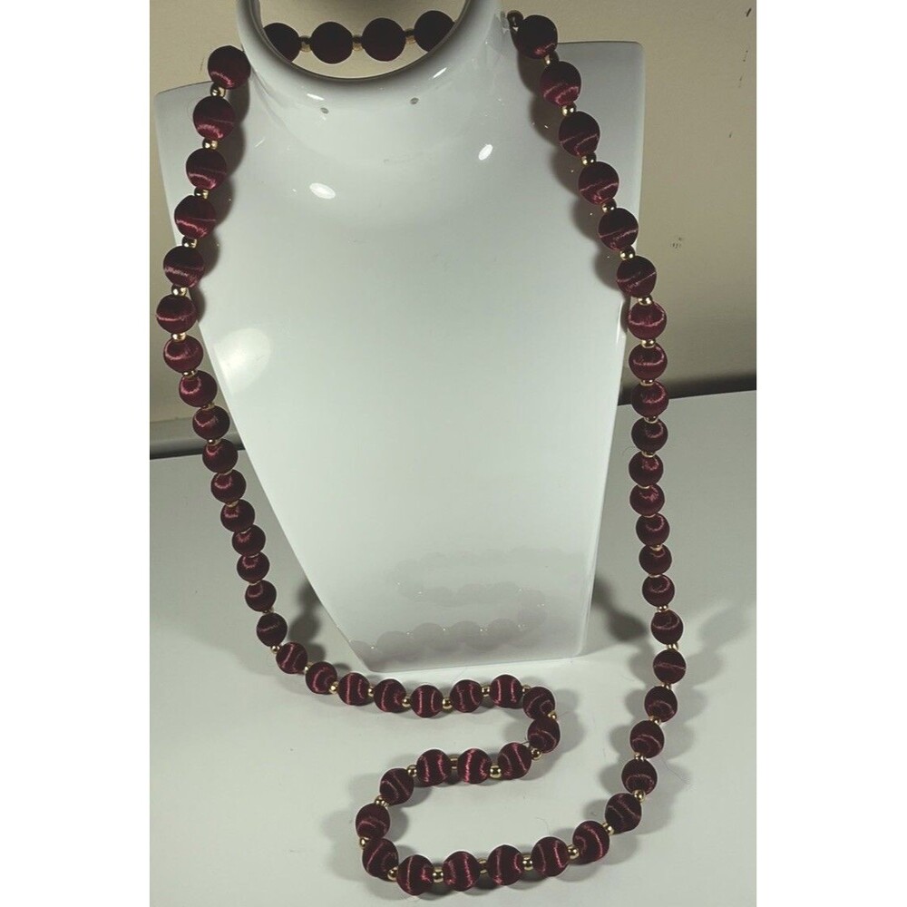Vintage Maroon Silk Wrapped Beaded Necklace with Gold Tone Spacers 30" Classic